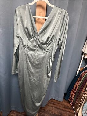 Satin V-Neck Long Sleeve Dress in Sage